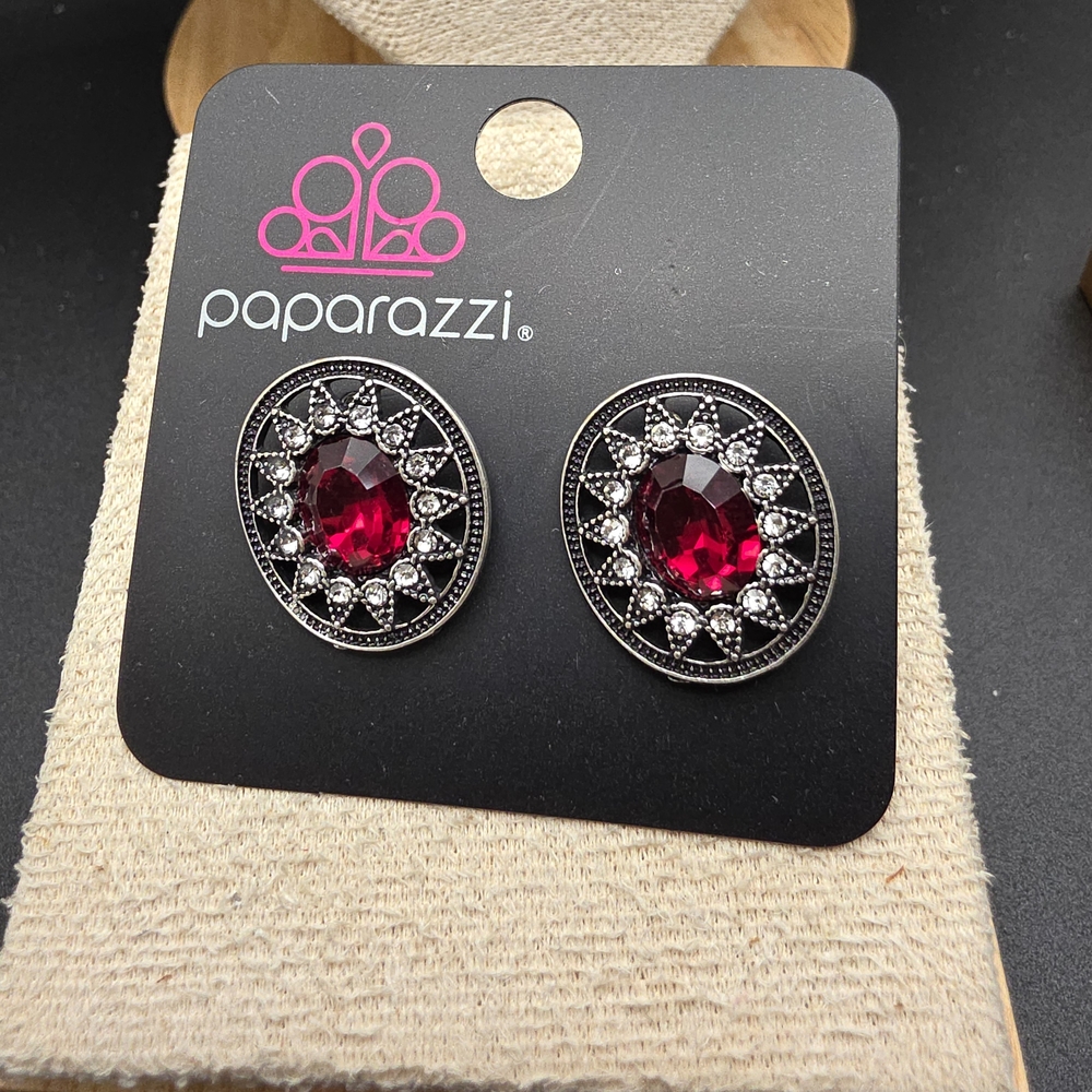 Paparazzi Ruby Red and Silver Stud Earrings (1795)